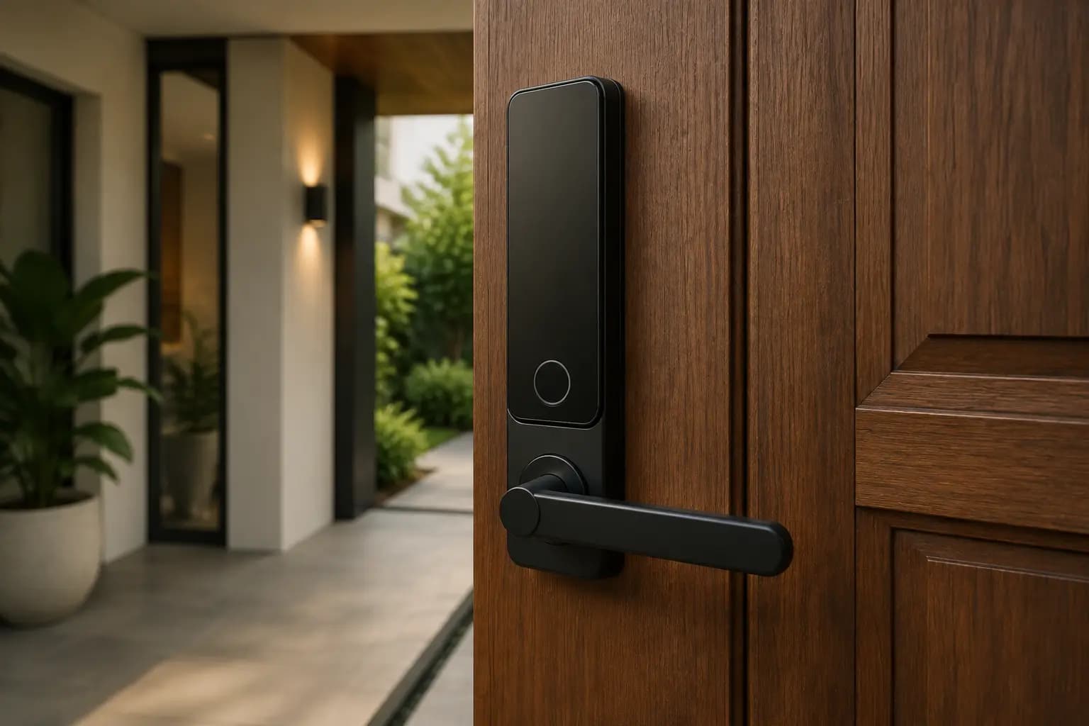 Modern biometric smart lock installed on a timber entrance door